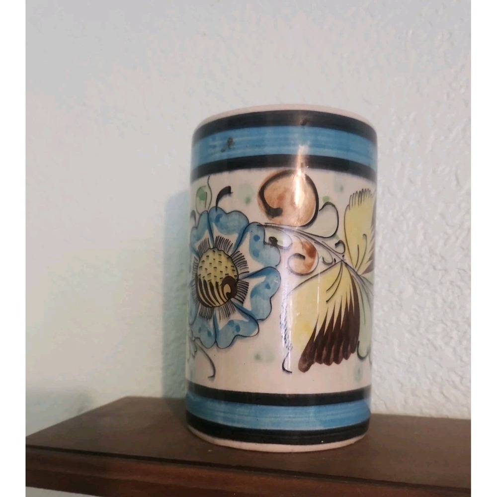 Vtg Tonala Mexican Pottery Hand Painted Signed‎ CAT 6.5" Vase or Utensil Holder